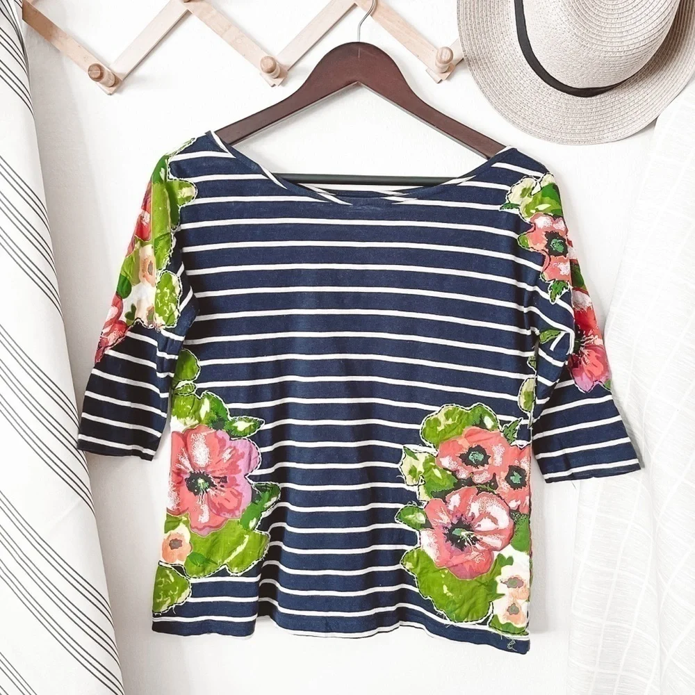 Anthropologie Meadow Rue Floral Striped Tee